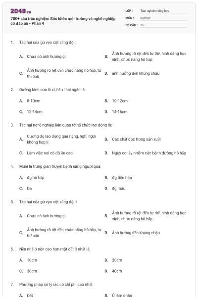 700+ câu trắc nghiệm Sức khỏe môi trường và nghề nghiệp có đáp án - Phần 4