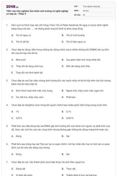 700+ câu trắc nghiệm Sức khỏe môi trường và nghề nghiệp có đáp án - Phần 9