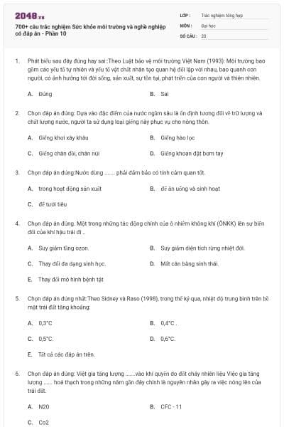 700+ câu trắc nghiệm Sức khỏe môi trường và nghề nghiệp có đáp án - Phần 10