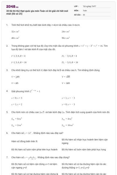 30 Đề thi thử thpt quốc gia môn Toán có lời giải chi tiết mới nhất (Đề số 25)