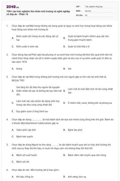 700+ câu trắc nghiệm Sức khỏe môi trường và nghề nghiệp có đáp án - Phần 16
