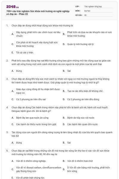 700+ câu trắc nghiệm Sức khỏe môi trường và nghề nghiệp có đáp án - Phần 20