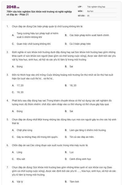 700+ câu trắc nghiệm Sức khỏe môi trường và nghề nghiệp có đáp án - Phần 21