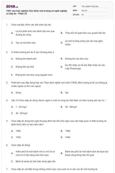 700+ câu trắc nghiệm Sức khỏe môi trường và nghề nghiệp có đáp án - Phần 25