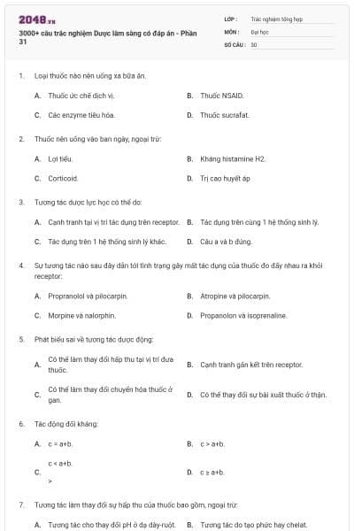 3000+ câu trắc nghiệm Dược lâm sàng có đáp án - Phần 31