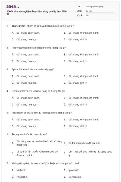 3000+ câu trắc nghiệm Dược lâm sàng có đáp án - Phần 32
