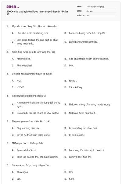 3000+ câu trắc nghiệm Dược lâm sàng có đáp án - Phần 35