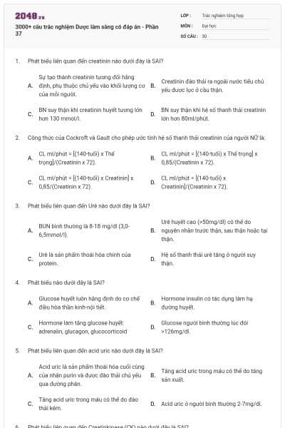 3000+ câu trắc nghiệm Dược lâm sàng có đáp án - Phần 37