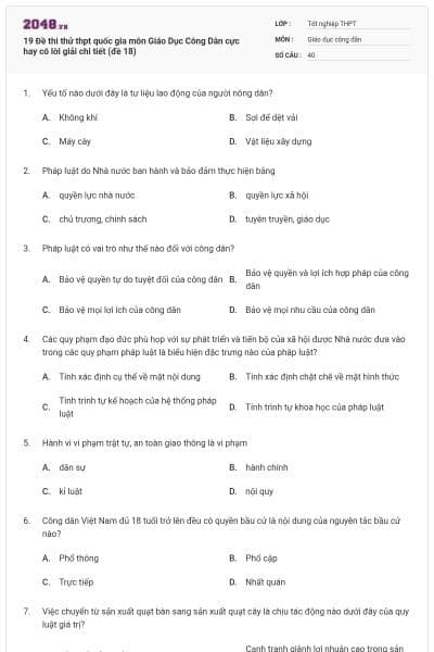 19 Đề thi thử thpt quốc gia môn Giáo Dục Công Dân cực hay có lời giải chi tiết (đề 18)