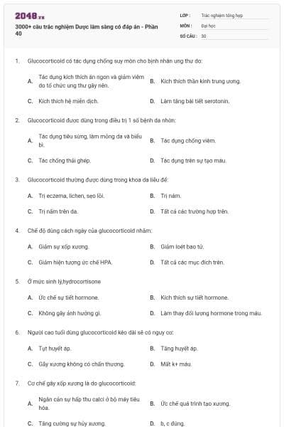 3000+ câu trắc nghiệm Dược lâm sàng có đáp án - Phần 40