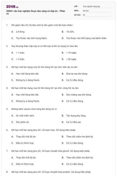 3000+ câu trắc nghiệm Dược lâm sàng có đáp án - Phần 41