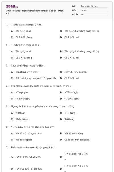 3000+ câu trắc nghiệm Dược lâm sàng có đáp án - Phần 42