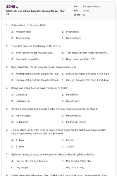 3000+ câu trắc nghiệm Dược lâm sàng có đáp án - Phần 45