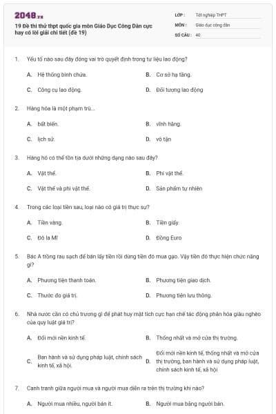 19 Đề thi thử thpt quốc gia môn Giáo Dục Công Dân cực hay có lời giải chi tiết (đề 19)