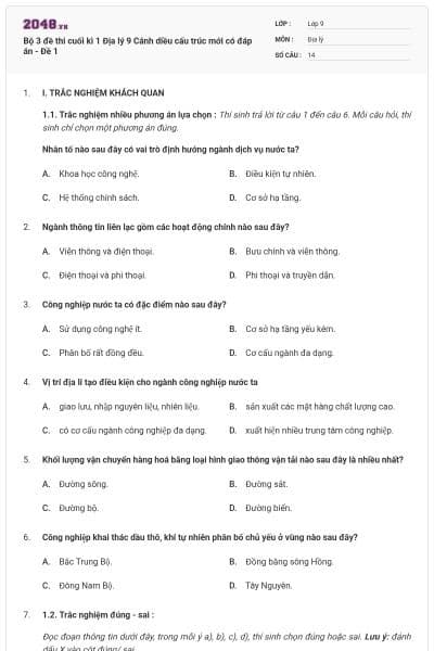 Bộ 3 đề thi cuối kì 1 Địa lý 9 Cánh diều cấu trúc mới có đáp án - Đề 1