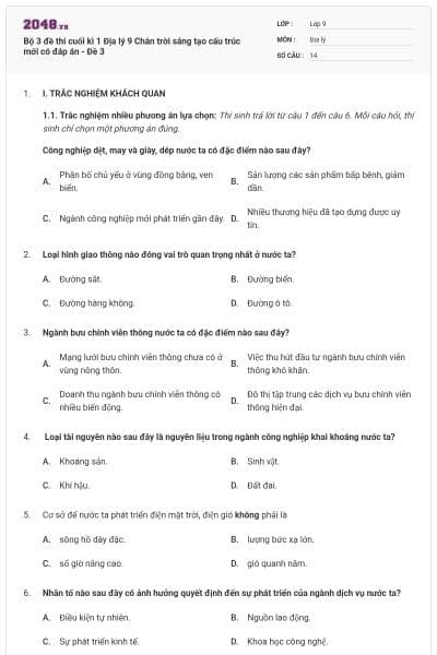 Bộ 3 đề thi cuối kì 1 Địa lý 9 Chân trời sáng tạo cấu trúc mới có đáp án - Đề 3