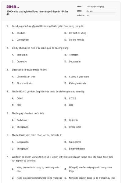 3000+ câu trắc nghiệm Dược lâm sàng có đáp án - Phần 46