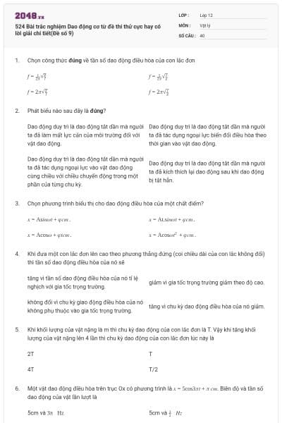 524 Bài trắc nghiệm Dao động cơ từ đề thi thử cực hay có lời giải chi tiết(Đề số 9)