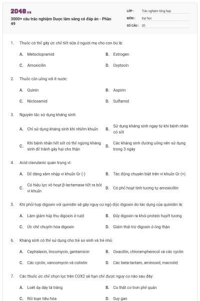 3000+ câu trắc nghiệm Dược lâm sàng có đáp án - Phần 49
