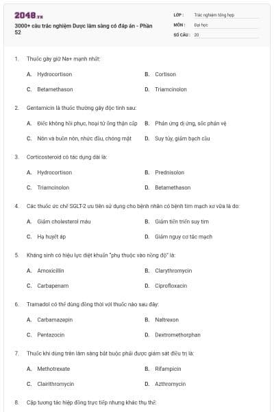 3000+ câu trắc nghiệm Dược lâm sàng có đáp án - Phần 52