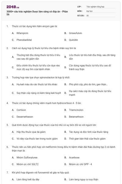 3000+ câu trắc nghiệm Dược lâm sàng có đáp án - Phần 56