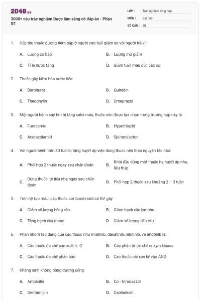 3000+ câu trắc nghiệm Dược lâm sàng có đáp án - Phần 57