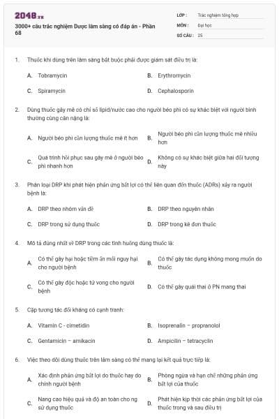3000+ câu trắc nghiệm Dược lâm sàng có đáp án - Phần 68