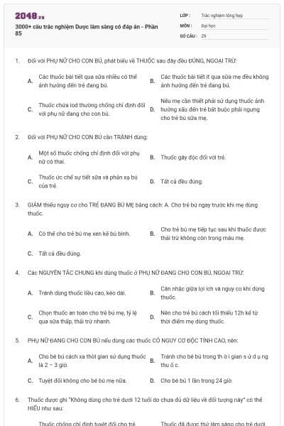 3000+ câu trắc nghiệm Dược lâm sàng có đáp án - Phần 85