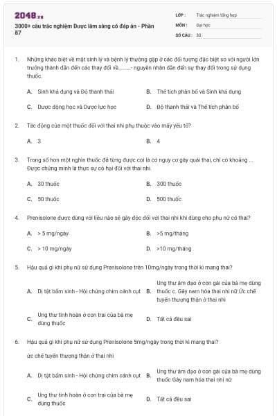 3000+ câu trắc nghiệm Dược lâm sàng có đáp án - Phần 87