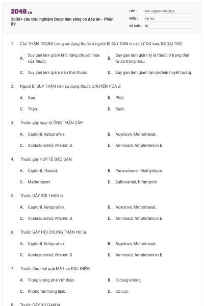 3000+ câu trắc nghiệm Dược lâm sàng có đáp án - Phần 89