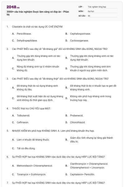 3000+ câu trắc nghiệm Dược lâm sàng có đáp án - Phần 96
