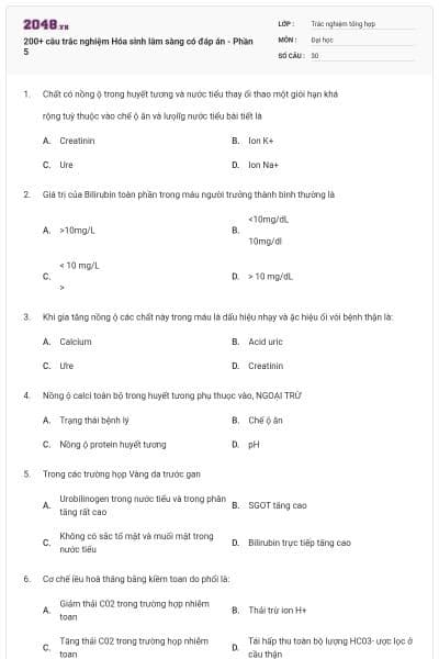 200+ câu trắc nghiệm Hóa sinh lâm sàng có đáp án - Phần 5