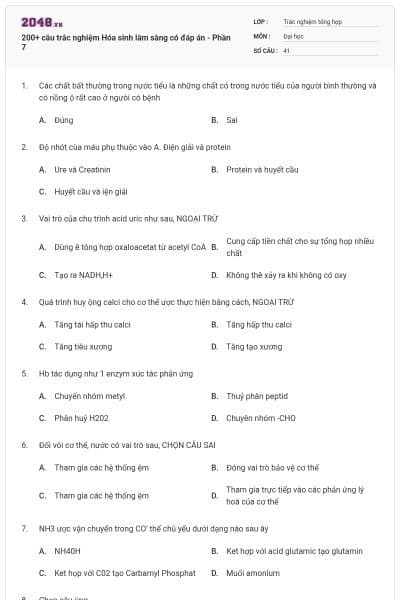200+ câu trắc nghiệm Hóa sinh lâm sàng có đáp án - Phần 7