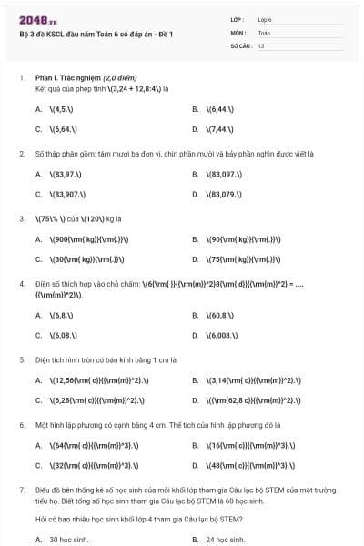 Bộ 3 đề KSCL đầu năm Toán 6 có đáp án - Đề 1