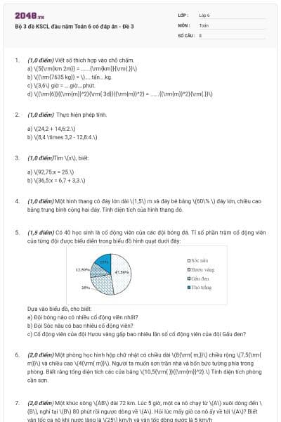 Bộ 3 đề KSCL đầu năm Toán 6 có đáp án - Đề 3