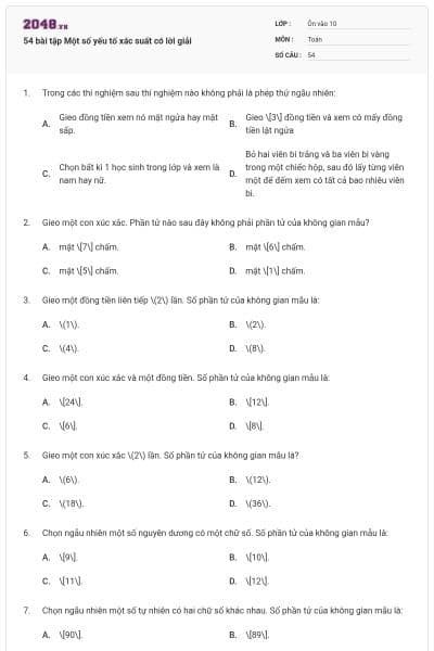 54 bài tập Một số yếu tố xác suất có lời giải