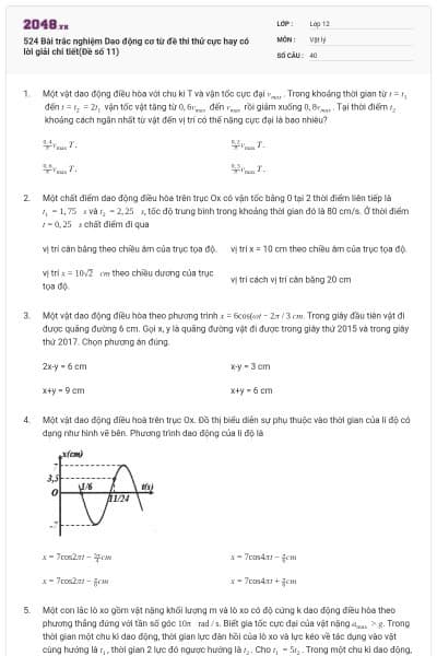 524 Bài trắc nghiệm Dao động cơ từ đề thi thử cực hay có lời giải chi tiết(Đề số 11)