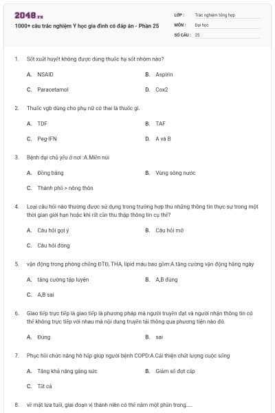 1000+ câu trắc nghiệm Y học gia đình có đáp án - Phần 25
