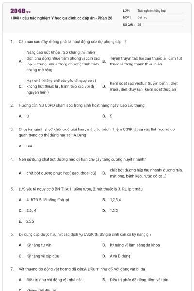 1000+ câu trắc nghiệm Y học gia đình có đáp án - Phần 26