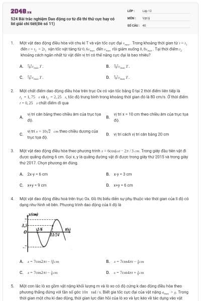 524 Bài trắc nghiệm Dao động cơ từ đề thi thử cực hay có lời giải chi tiết(Đề số 11)