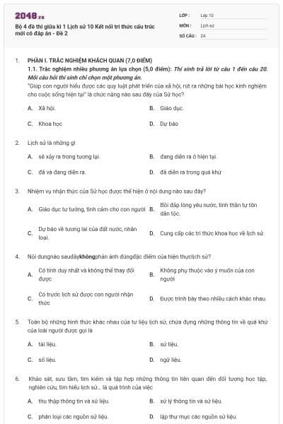 Bộ 4 đề thi giữa kì 1 Lịch sử 10 Kết nối tri thức cấu trúc mới có đáp án - Đề 2