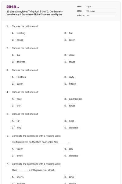 20 câu trắc nghiệm Tiếng Anh 5 Unit 2: Our homes-Vocabulary & Grammar- Global Success có đáp án
