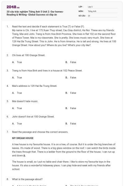 20 câu trắc nghiệm Tiếng Anh 5 Unit 2: Our homes-Reading & Writing- Global Success có đáp án