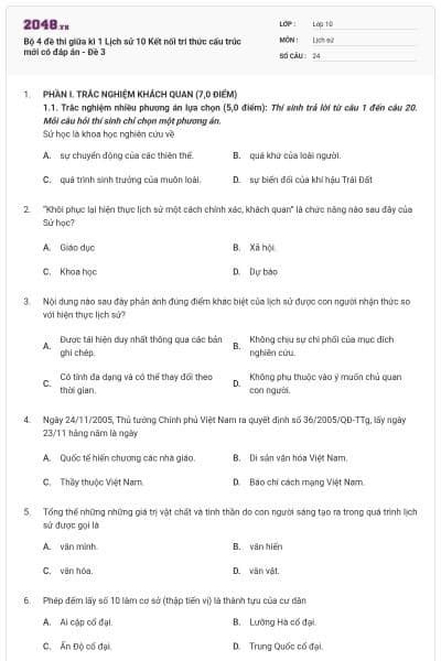 Bộ 4 đề thi giữa kì 1 Lịch sử 10 Kết nối tri thức cấu trúc mới có đáp án - Đề 3