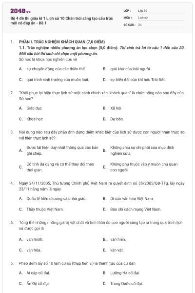 Bộ 4 đề thi giữa kì 1 Lịch sử 10 Chân trời sáng tạo cấu trúc mới có đáp án - Đề 1