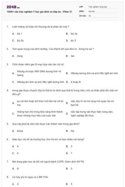 1000+ câu trắc nghiệm Y học gia đình có đáp án - Phần 31