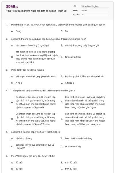 1000+ câu trắc nghiệm Y học gia đình có đáp án - Phần 38