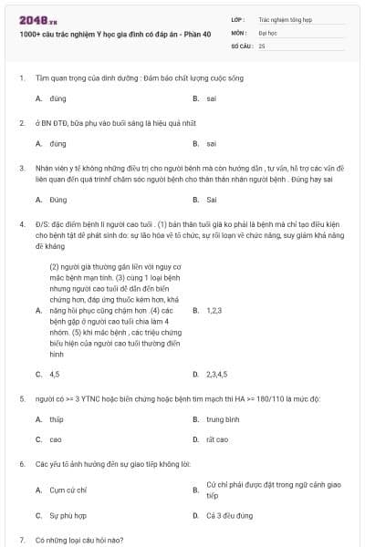 1000+ câu trắc nghiệm Y học gia đình có đáp án - Phần 40