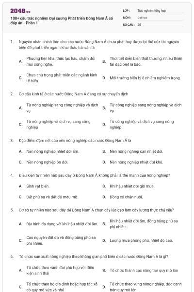 100+ câu trắc nghiệm Đại cương Phát triển Đông Nam Á có đáp án - Phần 1