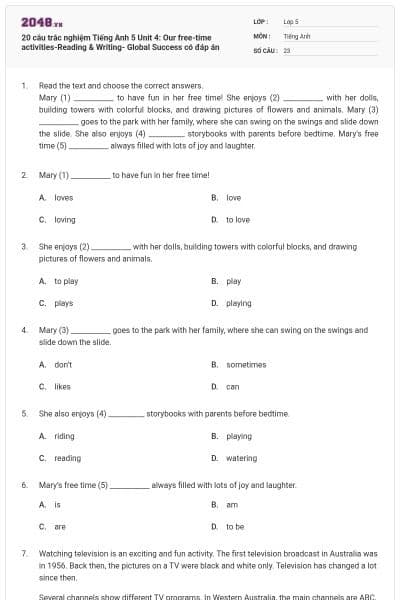 20 câu trắc nghiệm Tiếng Anh 5 Unit 4: Our free-time activities-Reading & Writing- Global Success có đáp án